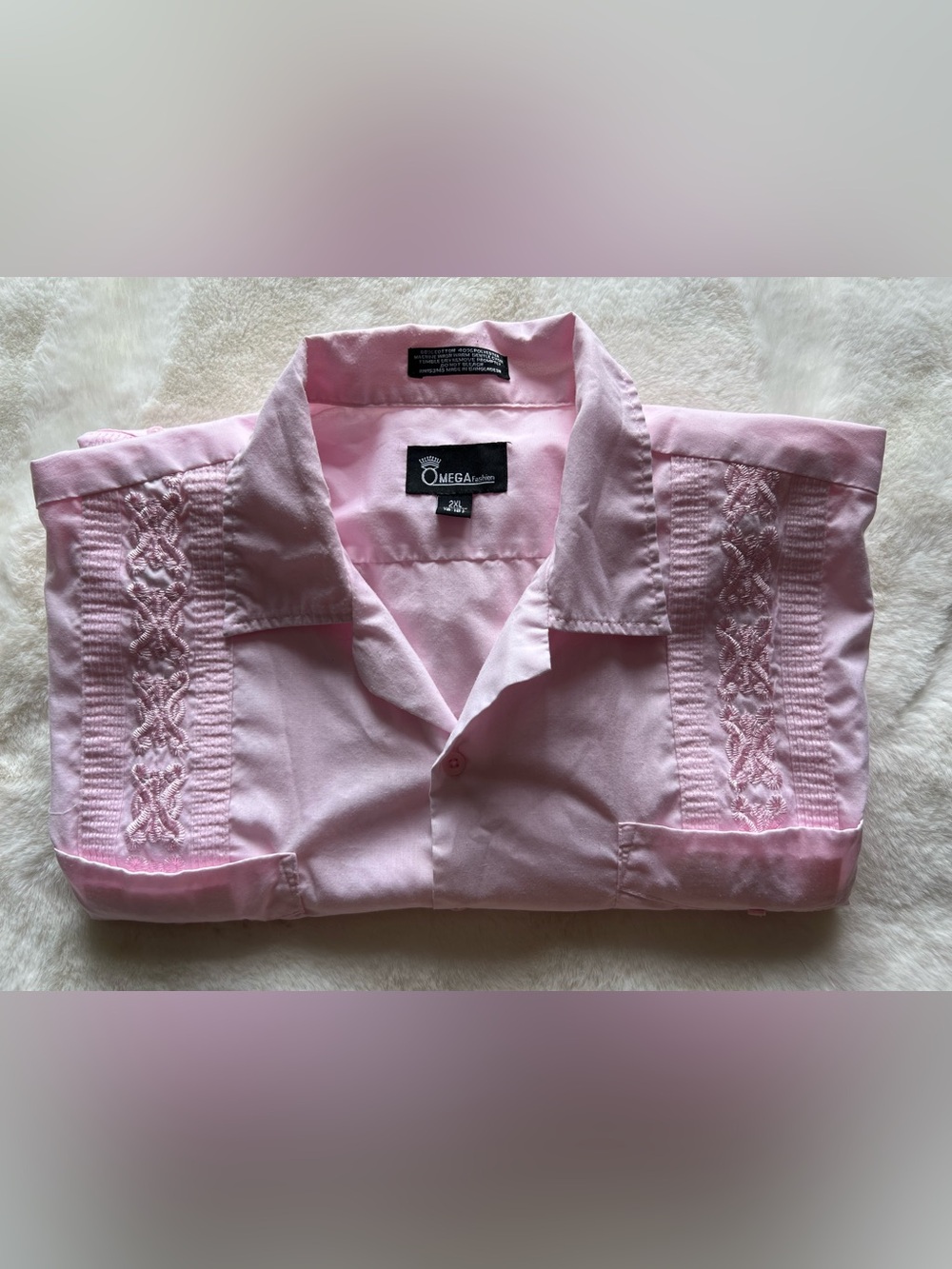 Omega Fashion Men’s 2XL Pink Guayabera Shirt Cuban Camp Embroidered 4 Pocket